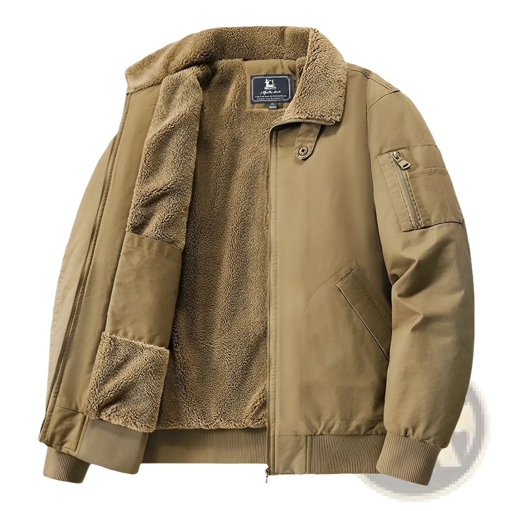 Men cotton shearling bomber jacket in tan with a sturdy canvas exterior and ribbed cuffs for added warmth