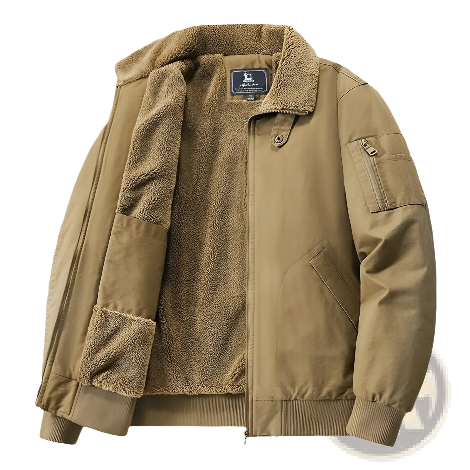 Men cotton shearling bomber jacket in tan with a sturdy canvas exterior and ribbed cuffs for added warmth