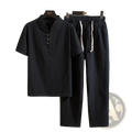Men cotton short sleeve shirt with mandarin collar and three buttons paired with black trousers with white drawstrings