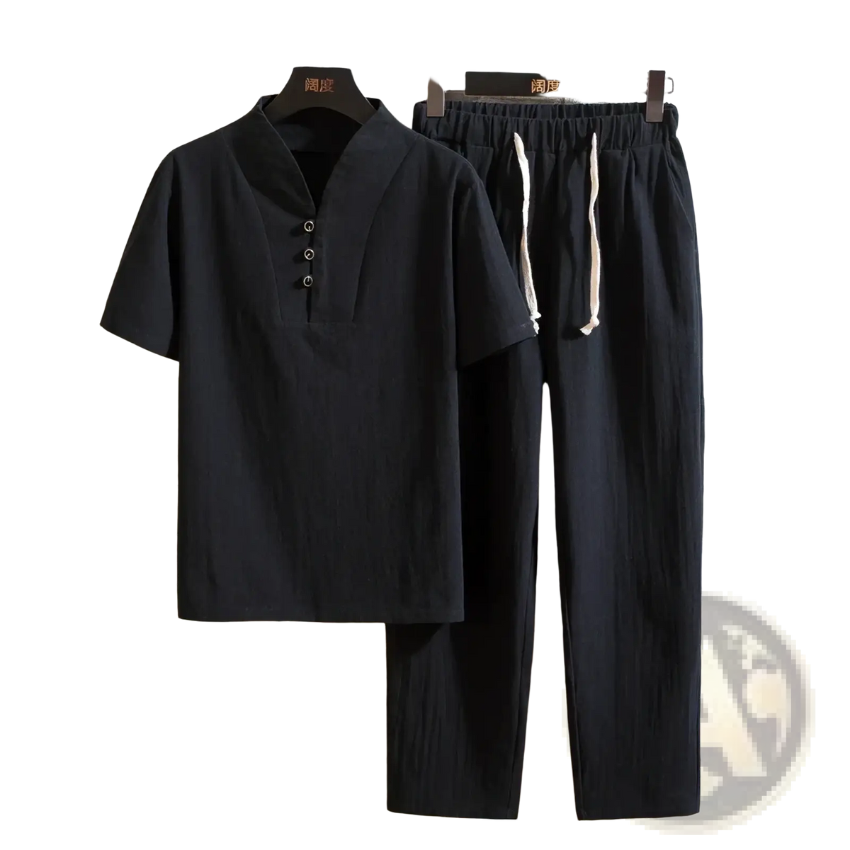 Men cotton short sleeve shirt with mandarin collar and three buttons paired with black trousers with white drawstrings