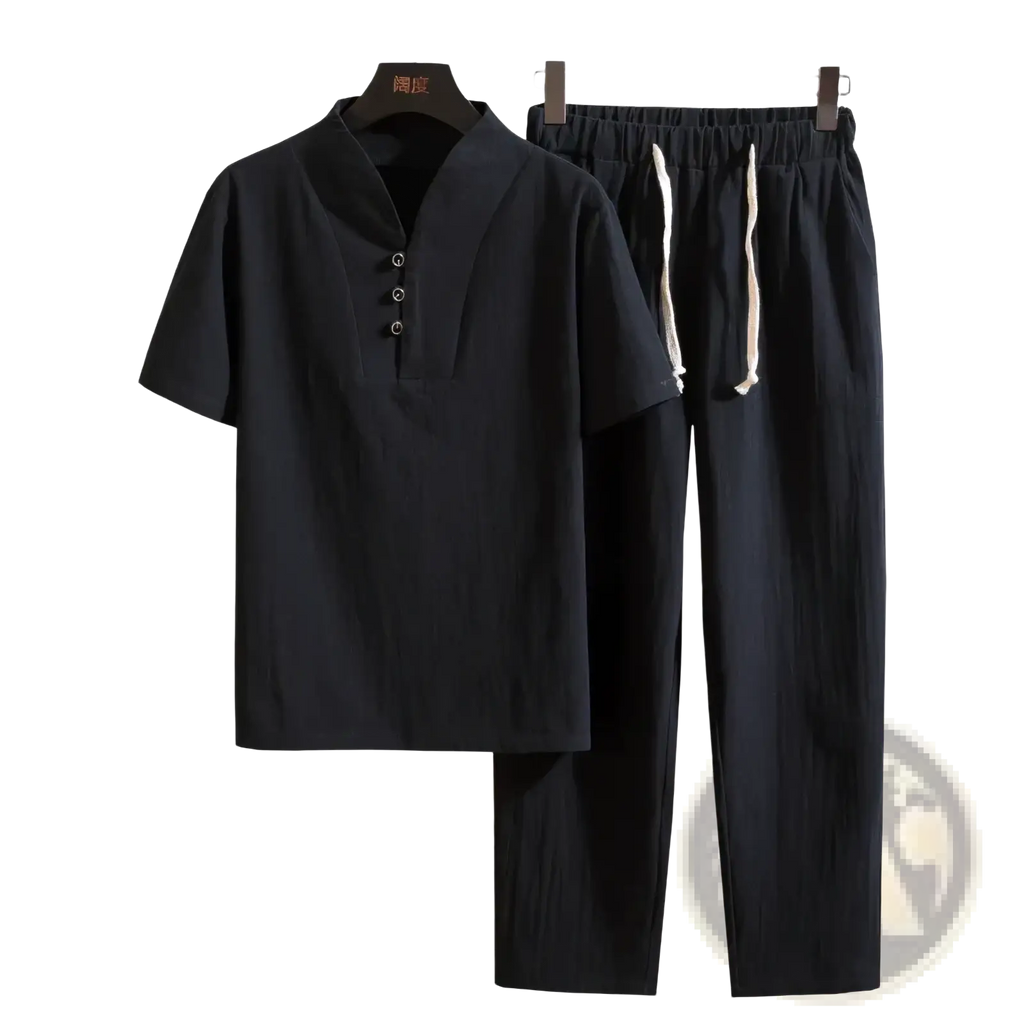 Men cotton short sleeve shirt and trousers set in black featuring mandarin collar and drawstring pants