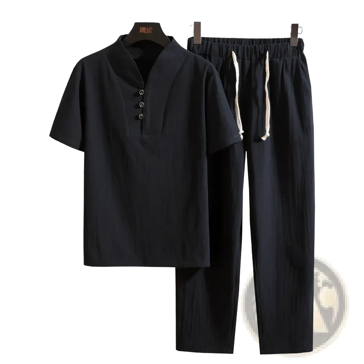 Men cotton short sleeve shirt and trousers set in black featuring mandarin collar and drawstring pants