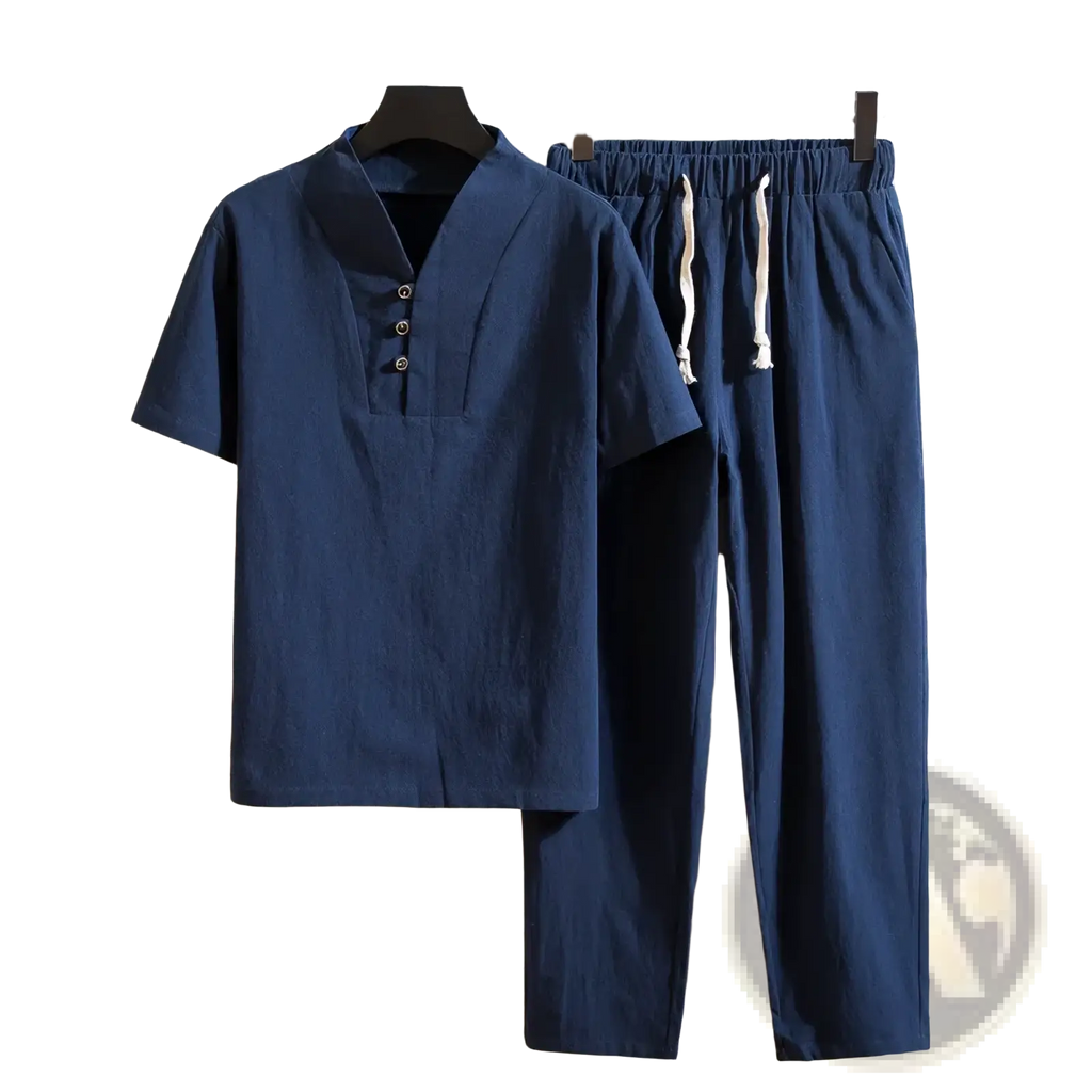 Men cotton navy blue short sleeve kolmakov shirt and trousers set with mandarin collar and drawstring waistband