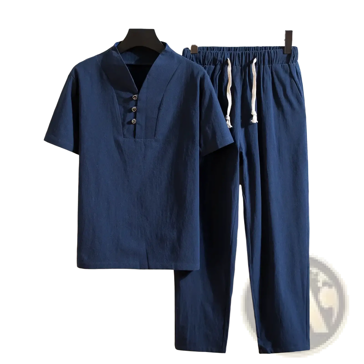 Men cotton navy blue short sleeve kolmakov shirt and trousers set with mandarin collar and drawstring waistband