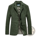 Men cotton slim fit casual blazer in olive green with classic collar three front buttons and two flap pockets