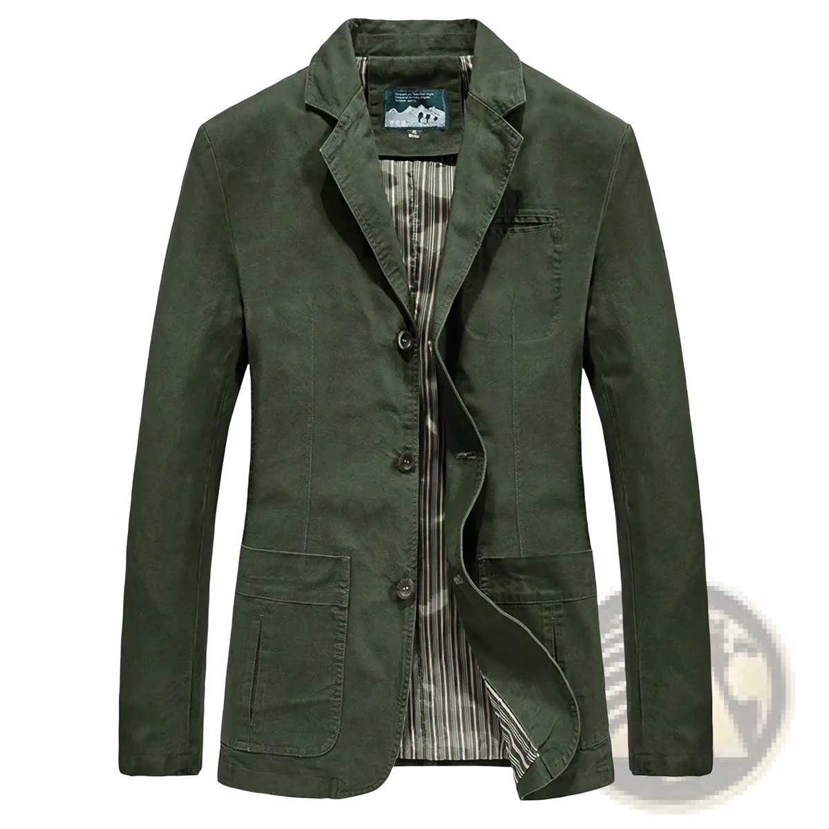Men cotton slim fit casual blazer in olive green with classic collar three buttons and two flap pockets