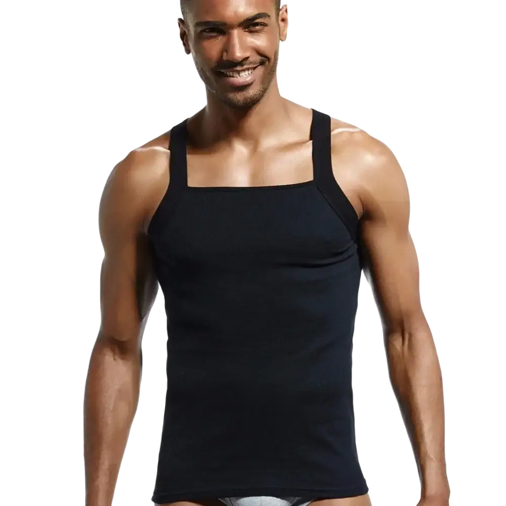 Men cotton tank sleeveless shirt in black ribbed cotton with square neckline and thin shoulder straps for men cotton wear