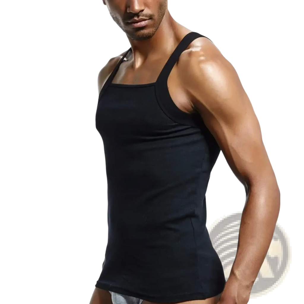 Black cotton ribbed sleeveless tank top for men with a fitted, form-fitting design