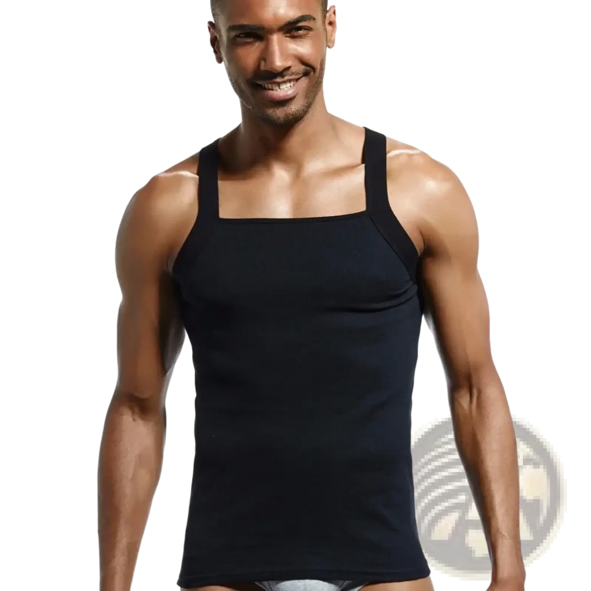 Black ribbed cotton men sleeveless tank top with square neckline and thin shoulder straps for casual wear
