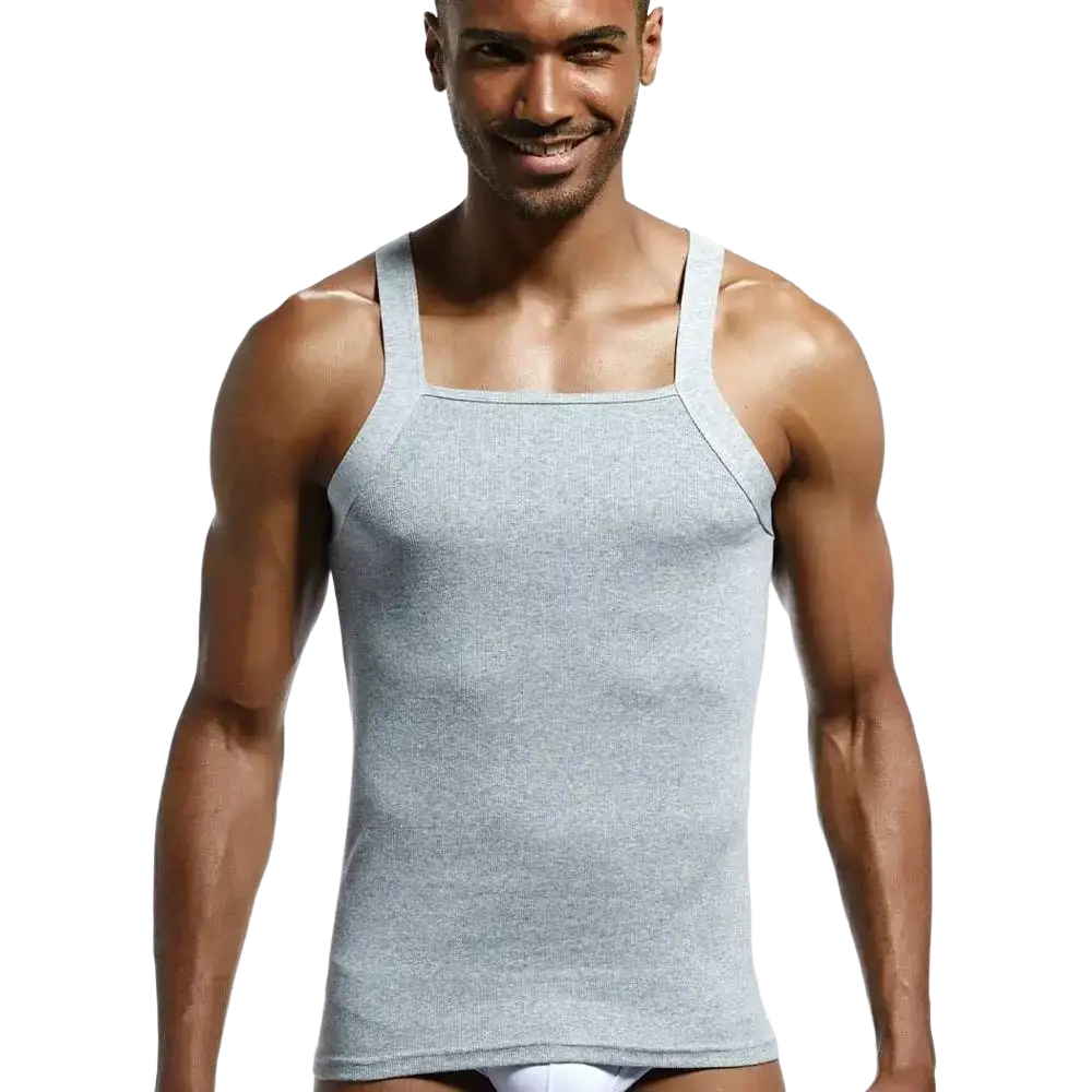 Men cotton tank top ribbed sleeveless shirt in gray heathered cotton with square neckline and thin shoulder straps