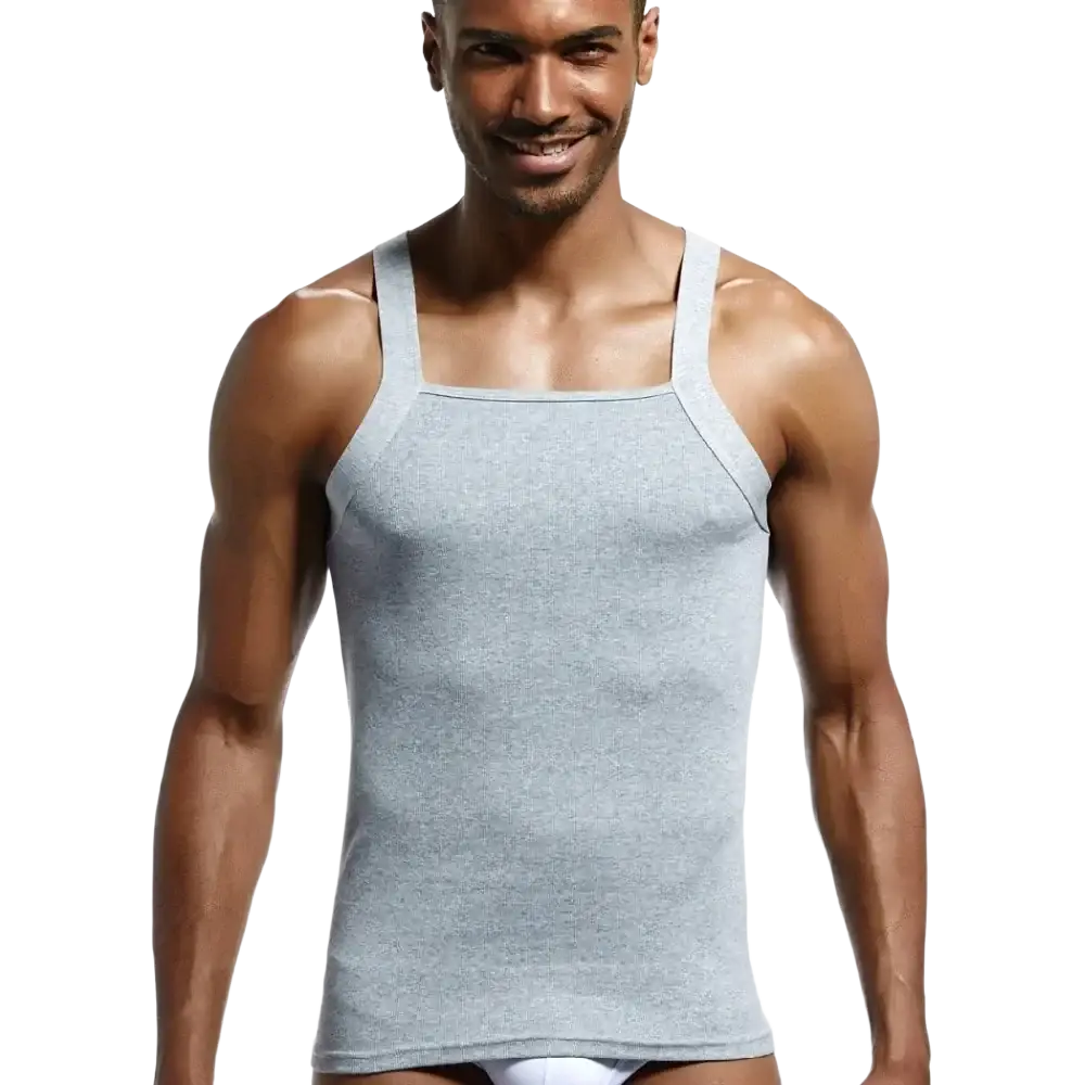 Men cotton tank top ribbed sleeveless shirt in gray heathered cotton with thin straps and square neckline