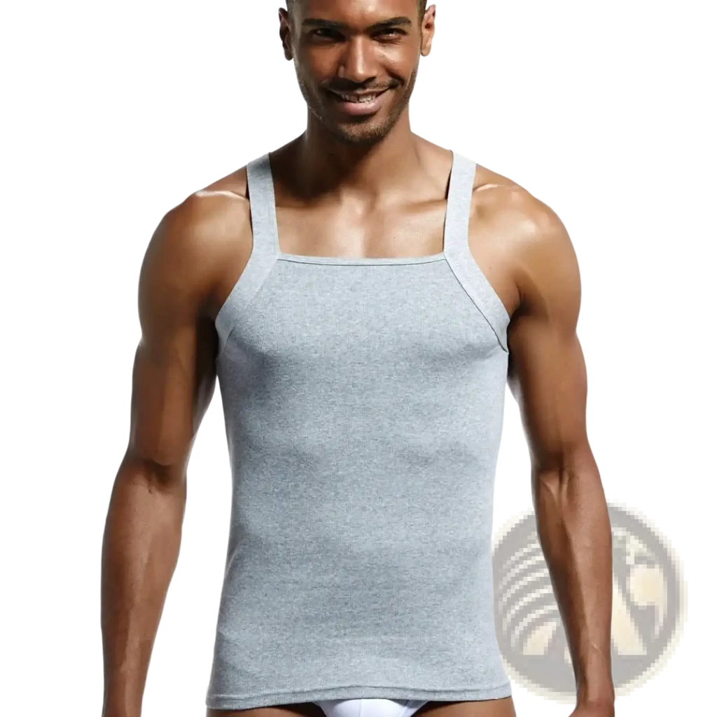 Men cotton tank top ribbed sleeveless shirt in gray heathered cotton with thin straps and square neckline