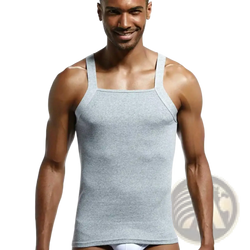 Men cotton tank top ribbed sleeveless shirt in gray heathered cotton with square neckline and thin shoulder straps
