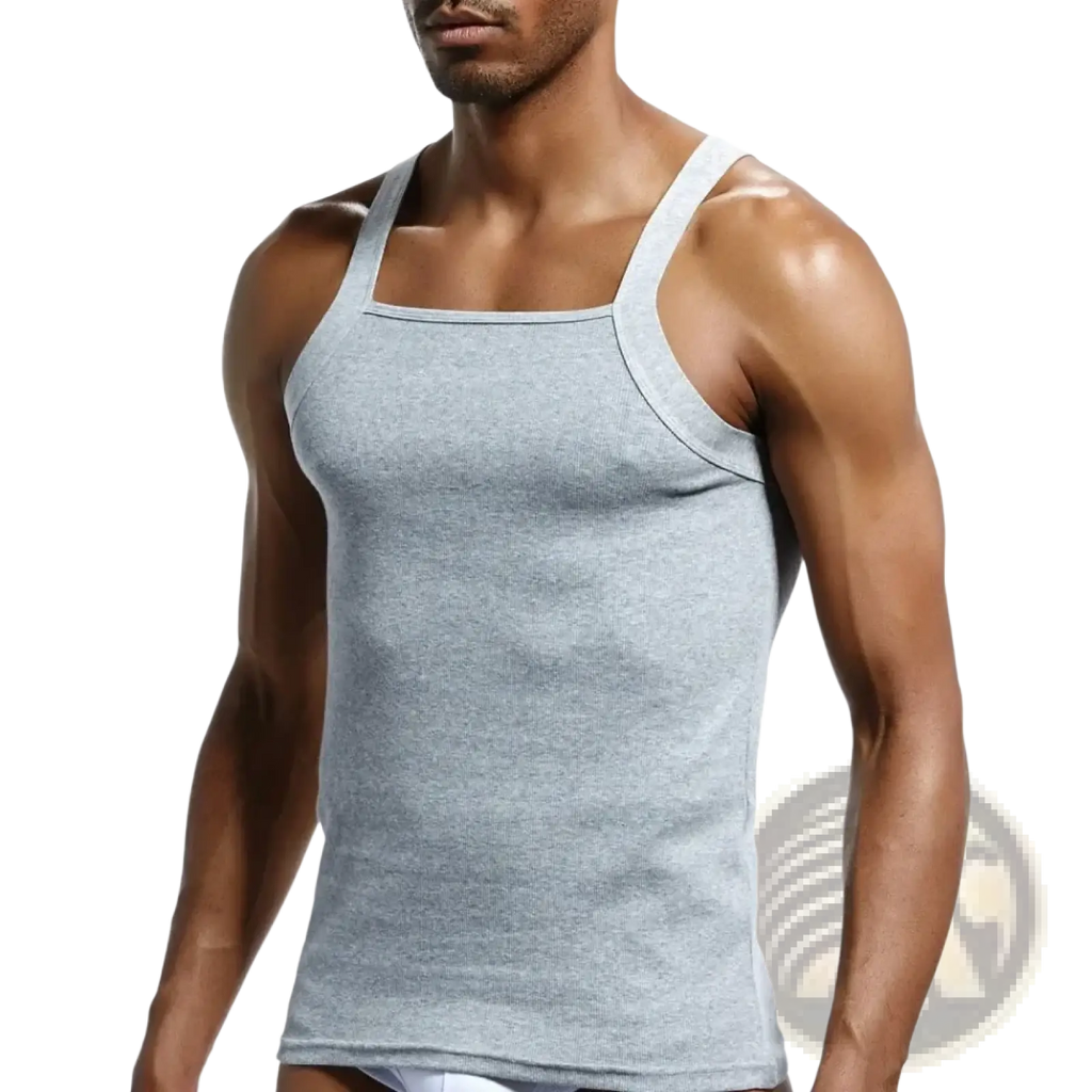 Men cotton tank top ribbed sleeveless shirt in heather gray with square neckline and thin shoulder straps