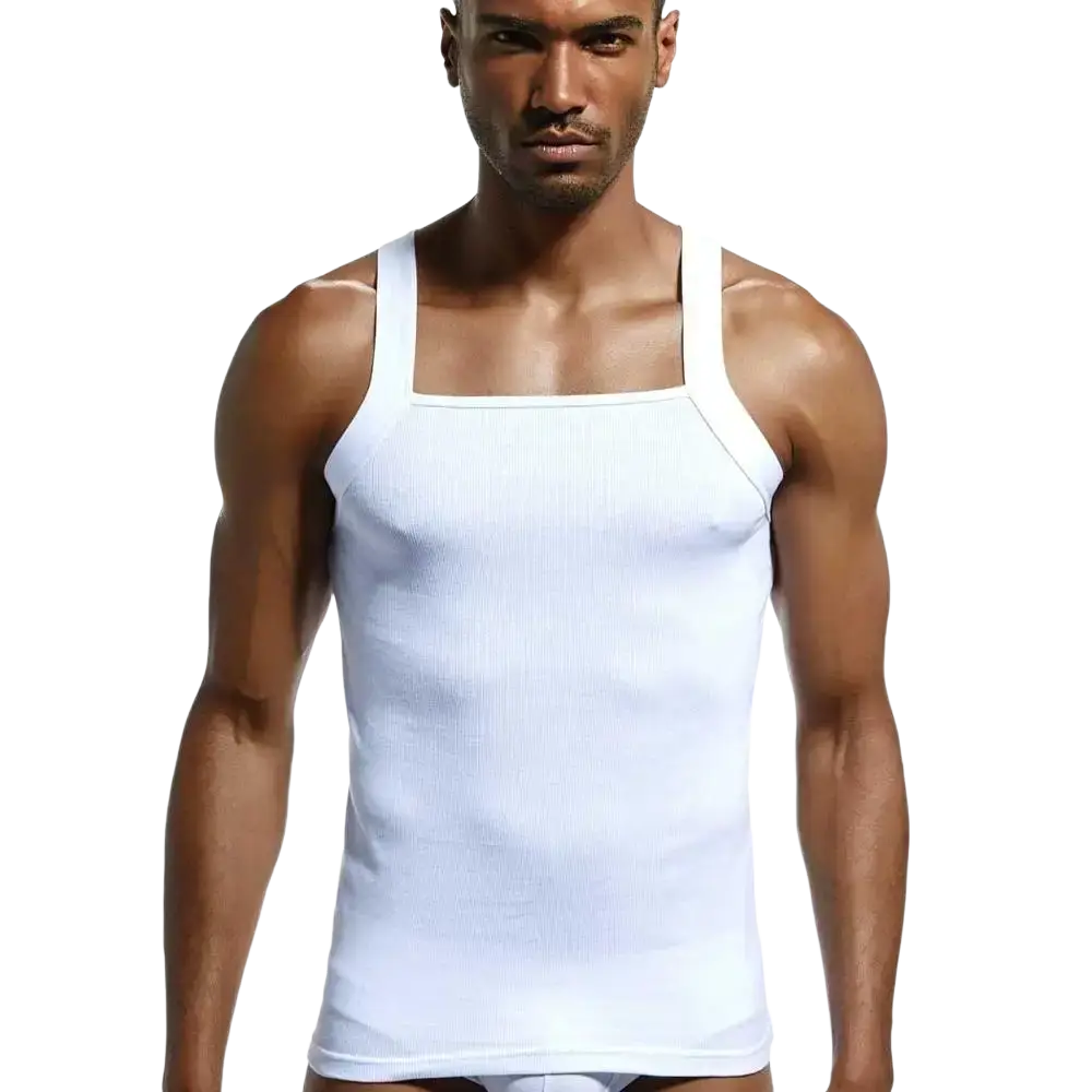Men cotton tank top ribbed sleeveless shirt in white with square neckline and thin shoulder straps made of cotton