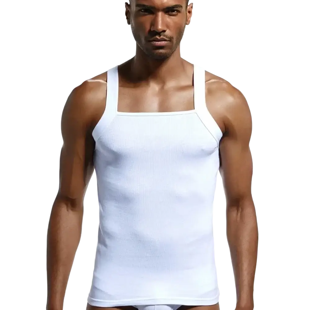 Men cotton tank top ribbed sleeveless shirt in white cotton with square neckline and thin shoulder straps