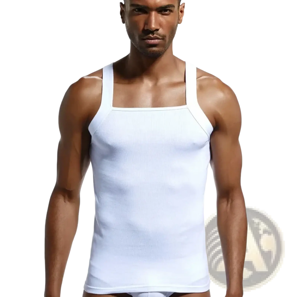 Men cotton tank top ribbed sleeveless shirt in white cotton with square neckline and thin shoulder straps