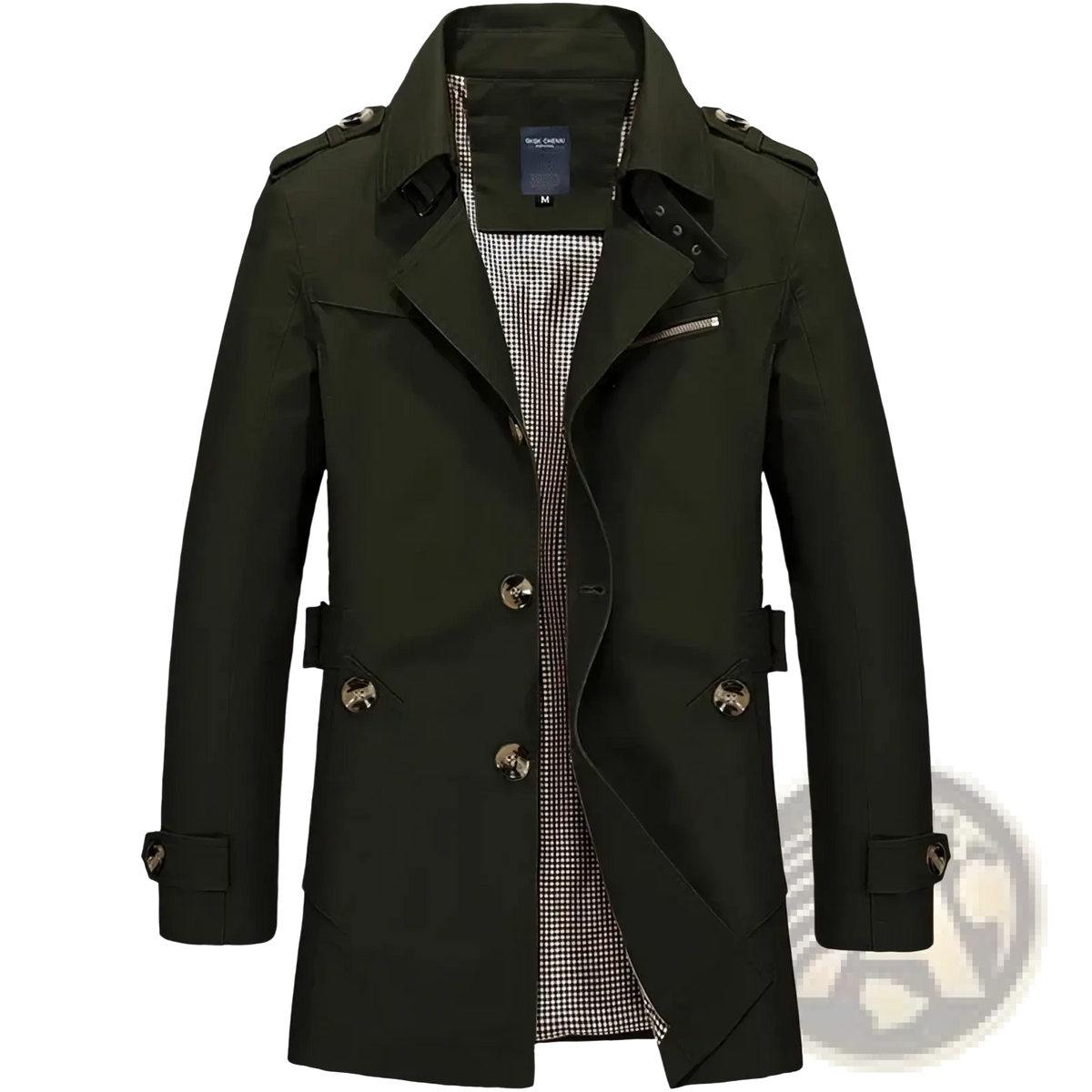 Men cotton trench coat casual spring windbreaker in dark olive green with silver-toned buttons and checkered lining
