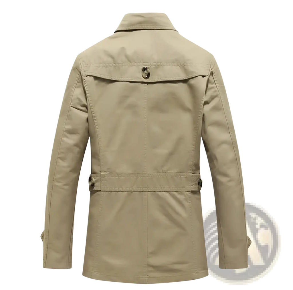 Beige men cotton trench coat casual spring windbreaker with classic collar belted waist and buttoned flap pockets
