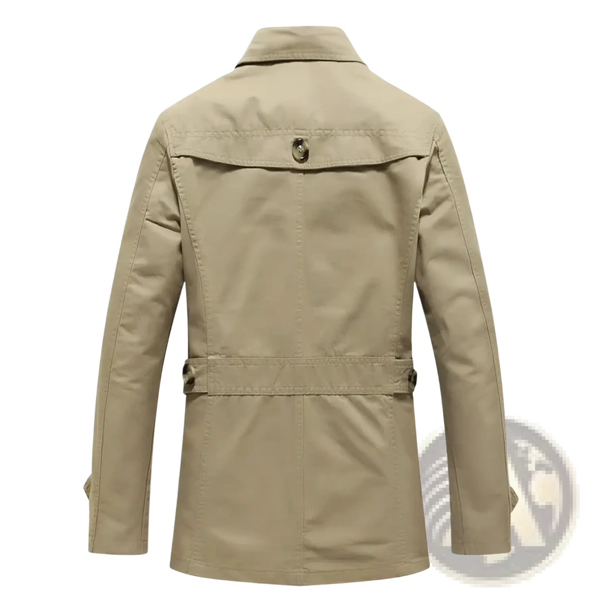 Beige men cotton trench coat casual spring windbreaker with classic collar belted waist and buttoned flap pockets
