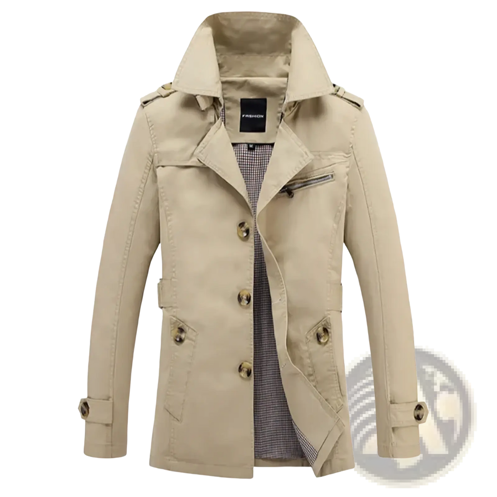 Men cotton beige trench coat casual spring windbreaker outerwear with classic collar and front button closure
