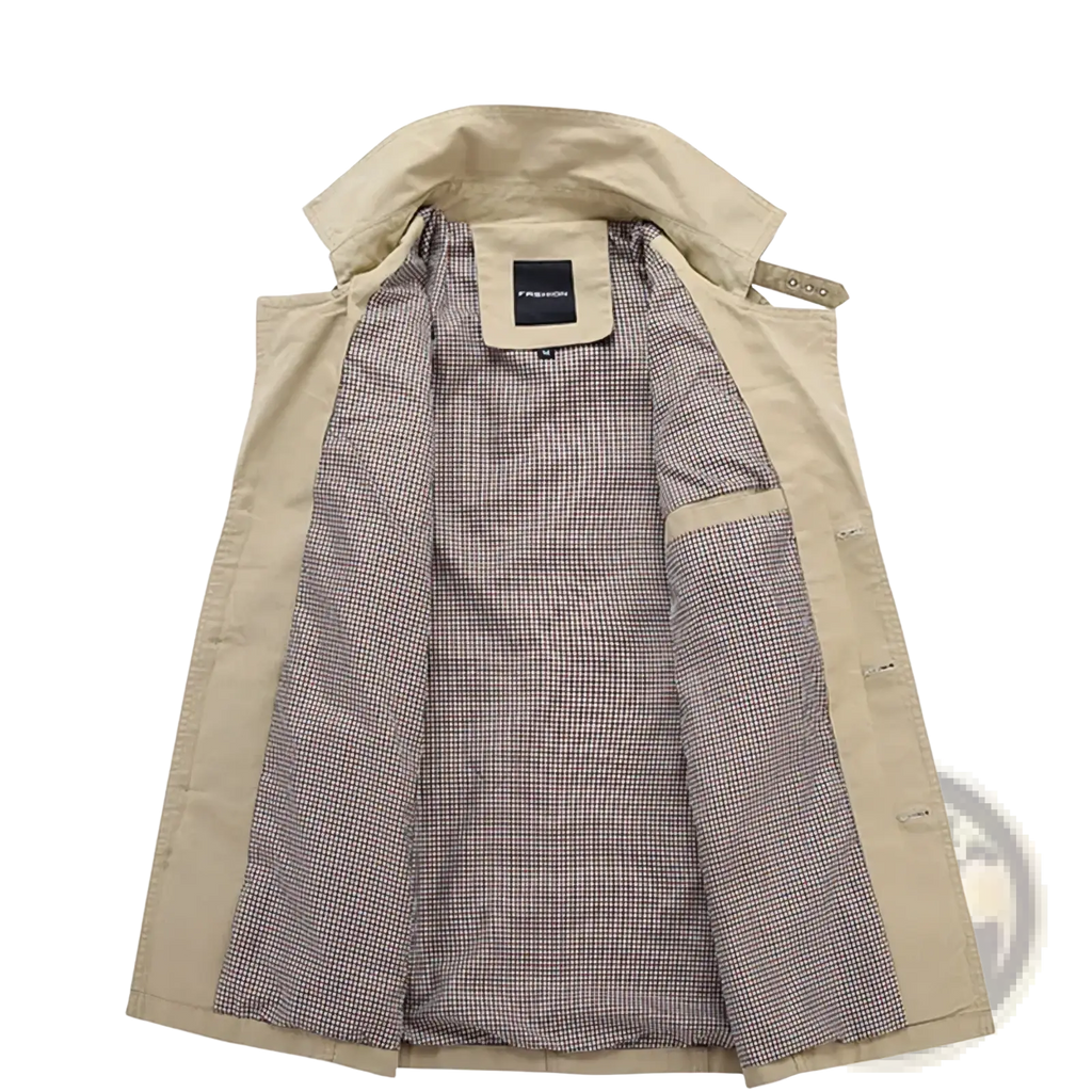 Men cotton trench coat beige with checkered interior lining and adjustable shoulder straps for casual spring wear