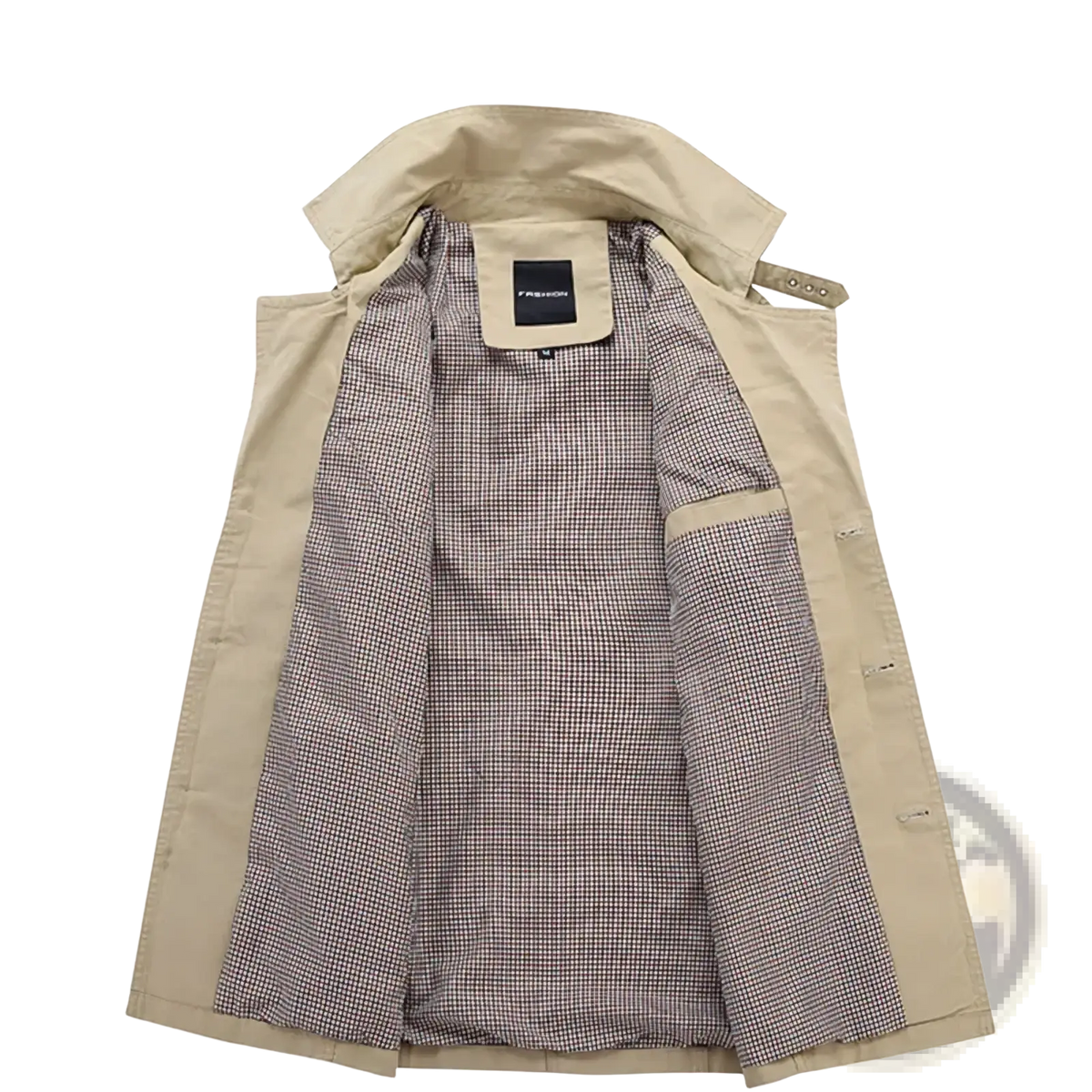 Men cotton trench coat beige with checkered interior lining and adjustable shoulder straps for casual spring wear