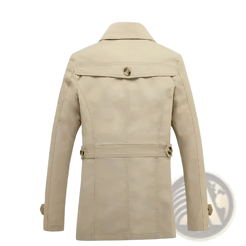 Men cotton beige trench coat with belted waist and buttoned flap pockets casual spring windbreaker outerwear