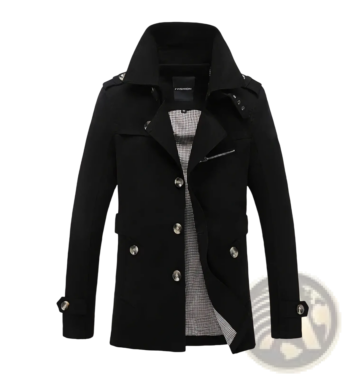 Black men cotton trench coat with silver buttons and checkered lining casual spring windbreaker outerwear