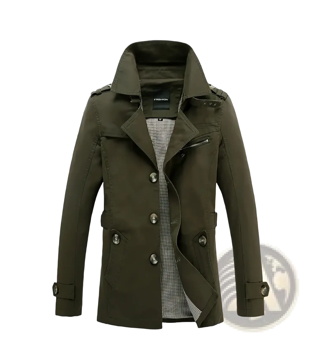 Men cotton trench coat casual spring windbreaker outerwear in olive green with structured collar buttoned front and side pockets
