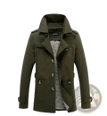 Men cotton trench coat casual spring windbreaker outerwear in olive green with structured collar buttoned front and side pockets