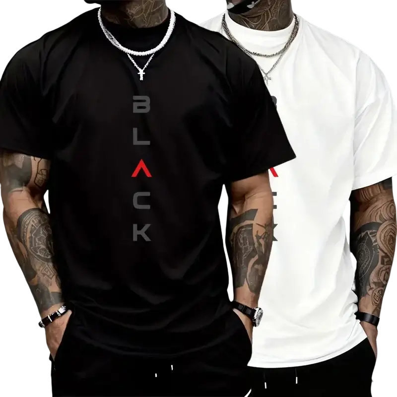 Men cotton black short-sleeved casual t-shirt with vertical black text in gray and red lettering