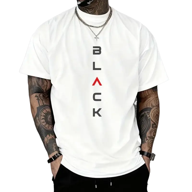 Men cotton casual white short-sleeved t-shirt with black vertical print and red accented letter a in the center