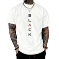 Men cotton casual white short-sleeved t-shirt with black vertical print and red accented letter a in the center