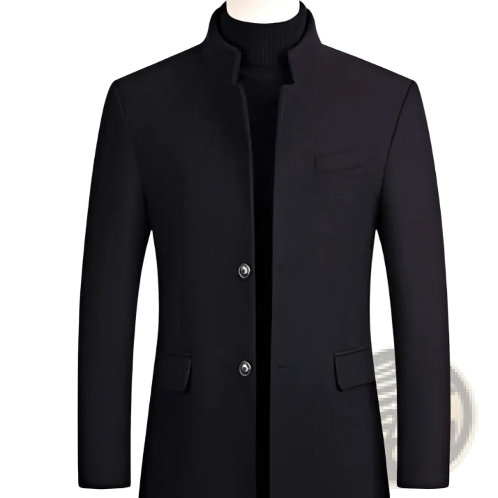 Men cotton woolen black overcoat with stand collar and three silver buttons for formal and casual wear