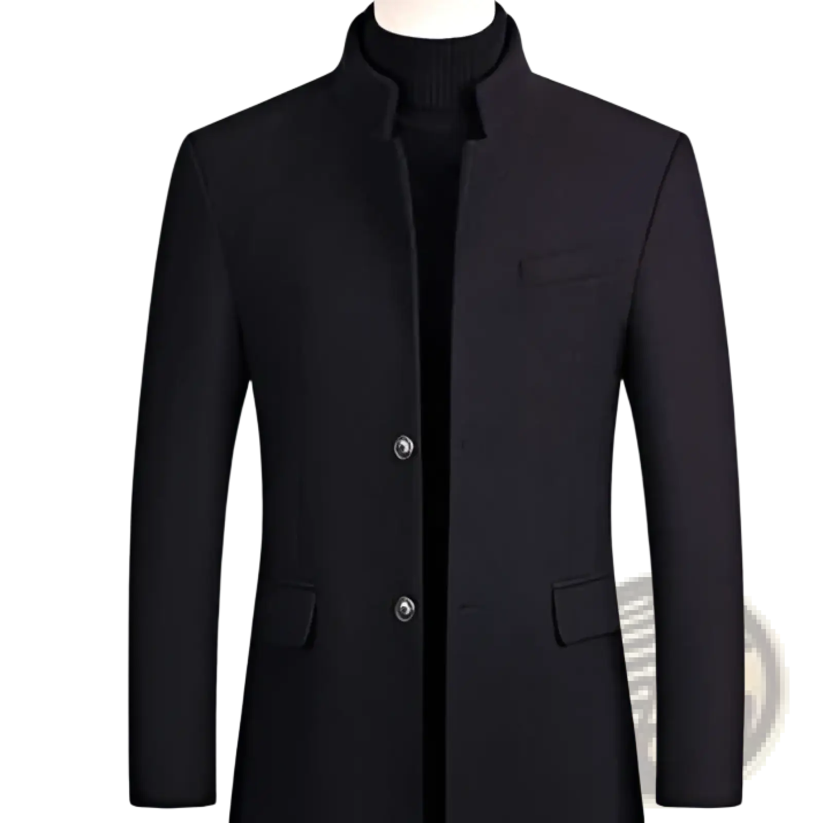 Men cotton woolen black overcoat with stand collar and three silver buttons for formal and casual wear