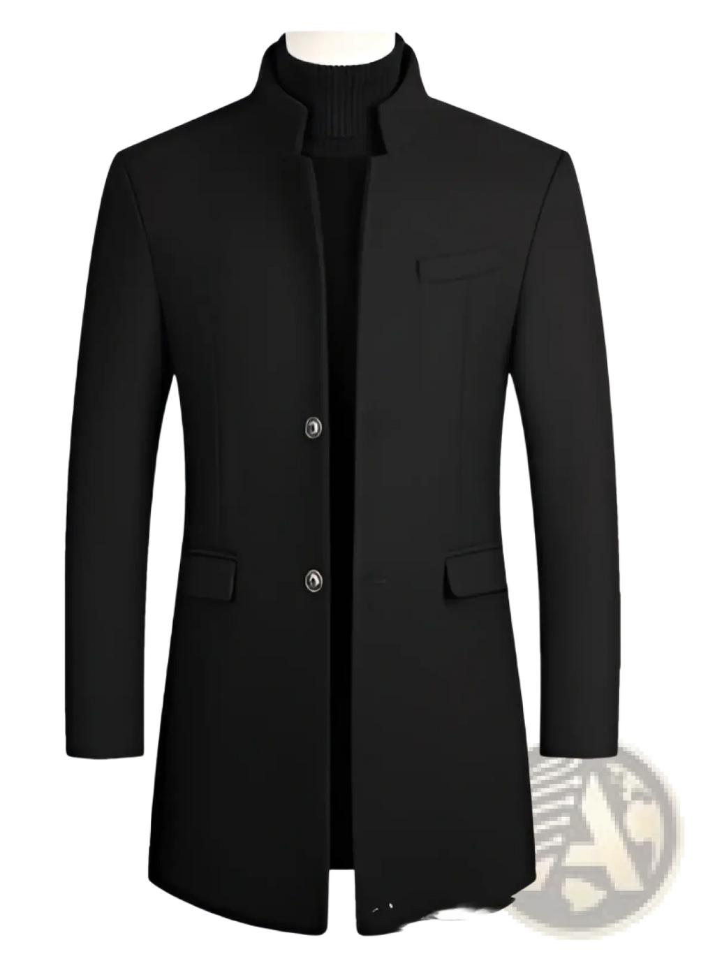 Men cotton woolen overcoat in black with stand collar and two front pockets made of woolen material