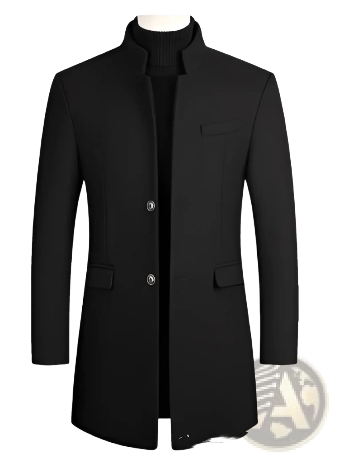 Men cotton woolen overcoat in black with stand collar and two front pockets made of woolen material