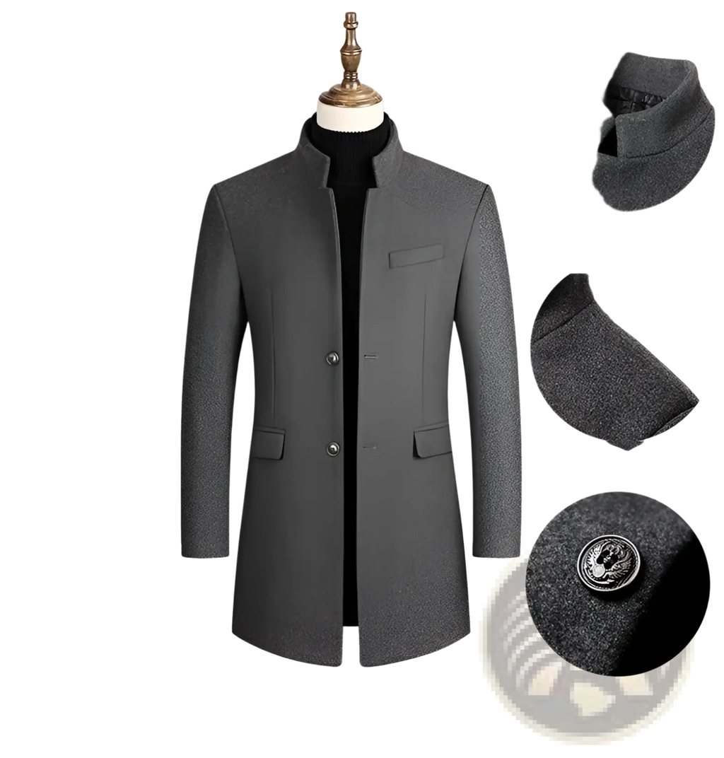 Men cotton woolen overcoat in gray with stand collar front button closure and two flap pockets