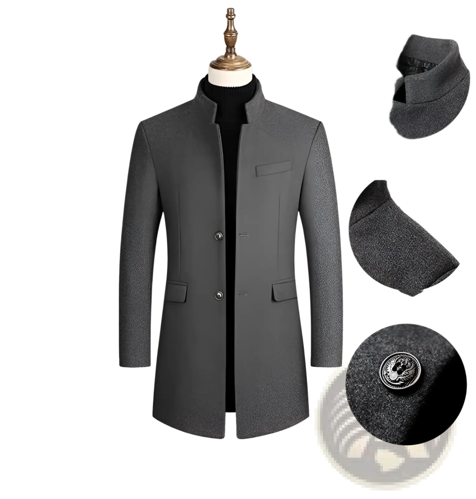 Men cotton woolen overcoat in gray with stand collar front button closure and two flap pockets