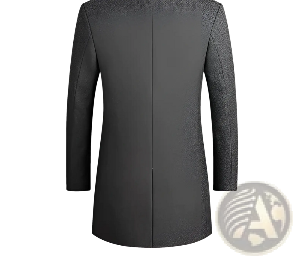 Men cotton woolen overcoat with stand collar in sleek dark gray wool featuring a classic tailored fit and subtle texture
