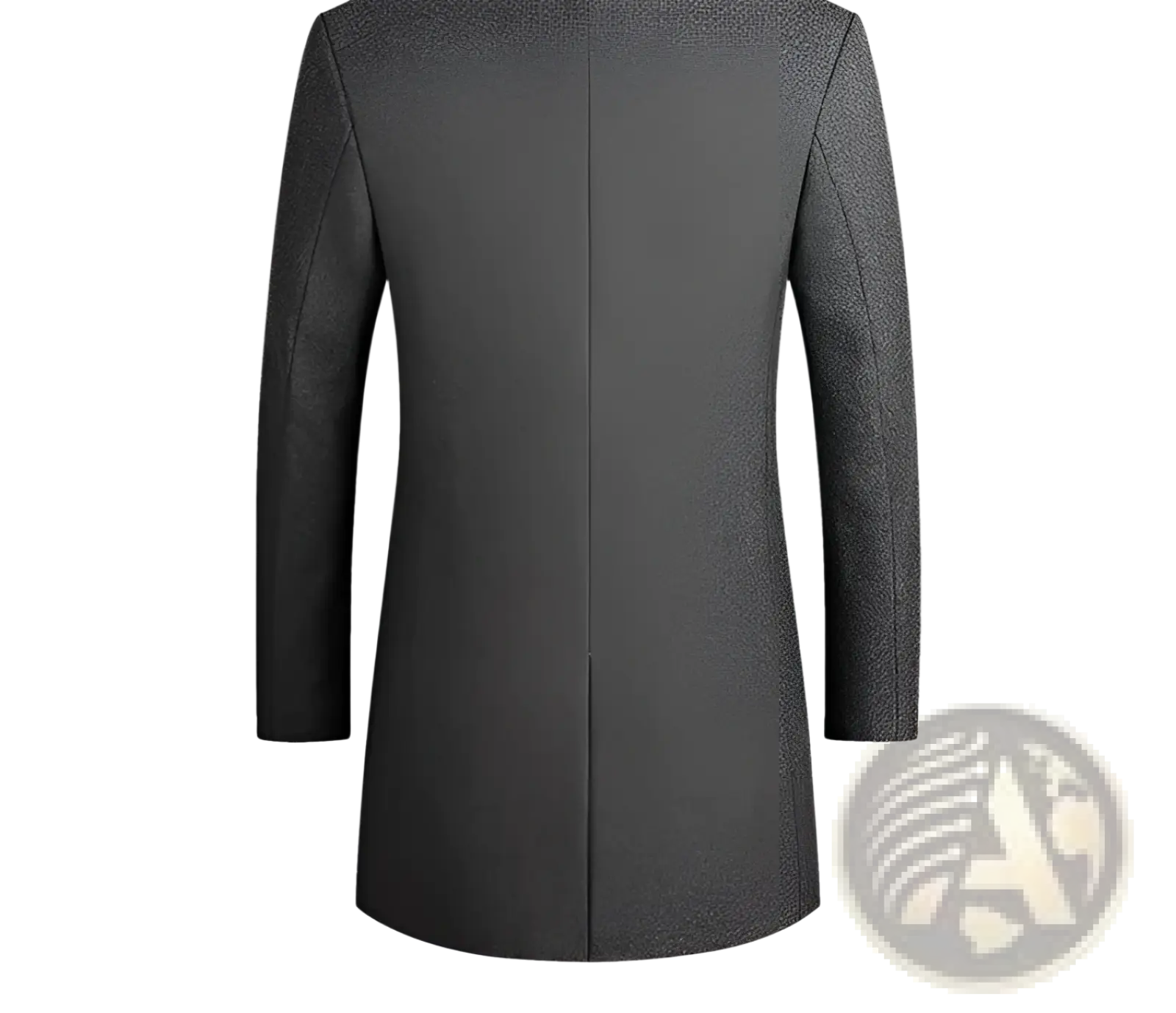 Men cotton woolen overcoat with stand collar in sleek dark gray wool featuring a classic tailored fit and subtle texture