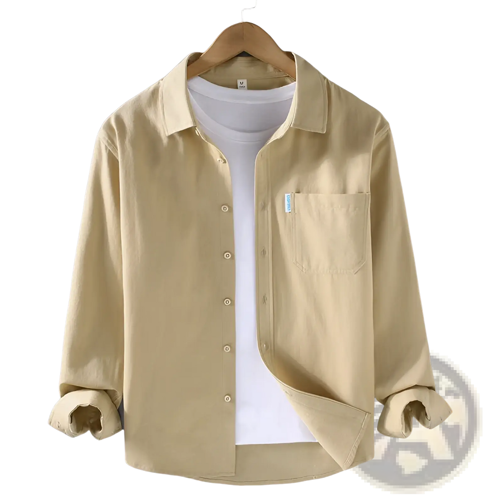 Beige men cotton workwear shirt long sleeve with chest pocket and rolled cuffs designed for durability and comfort