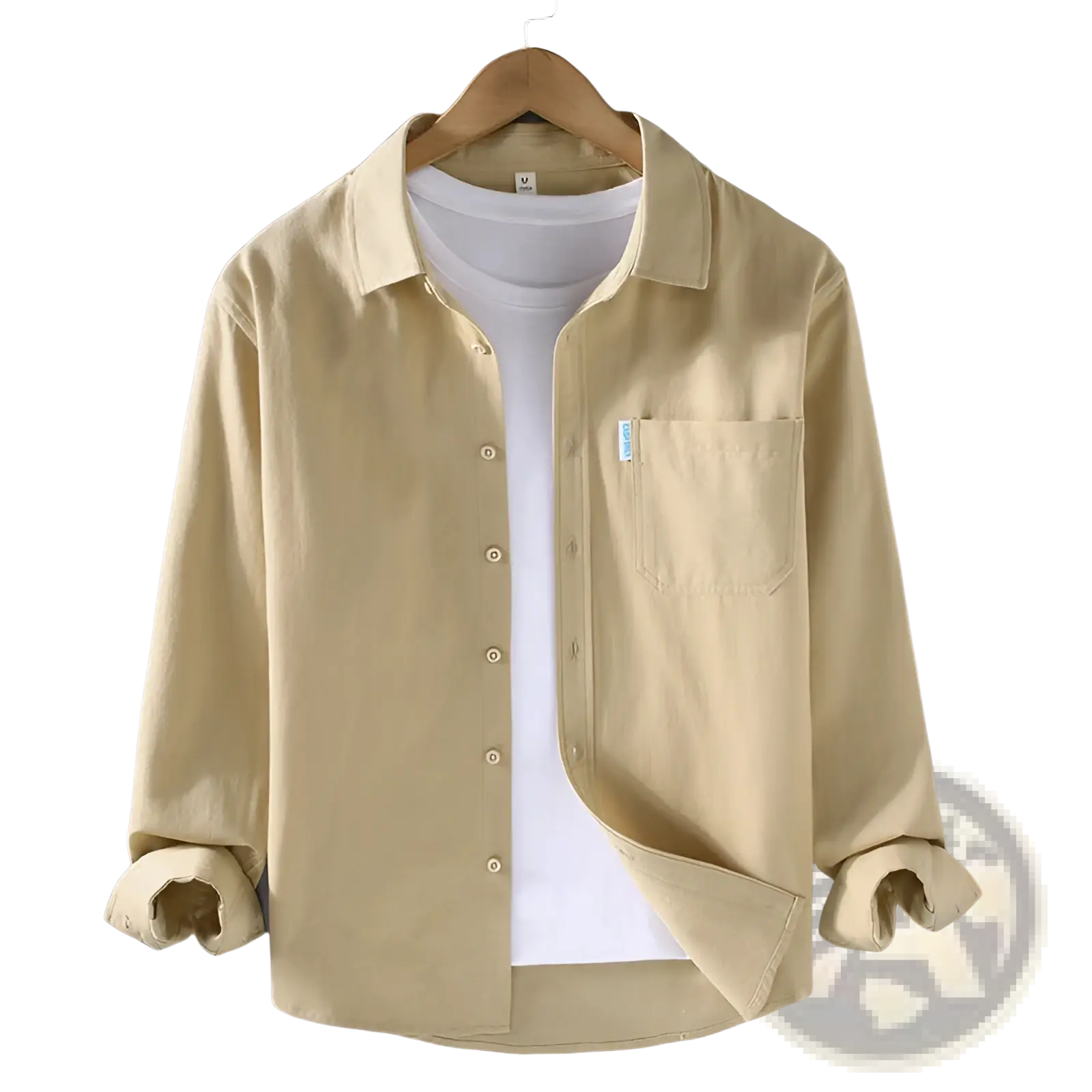 Beige men cotton workwear shirt long sleeve with chest pocket and rolled cuffs designed for durability and comfort
