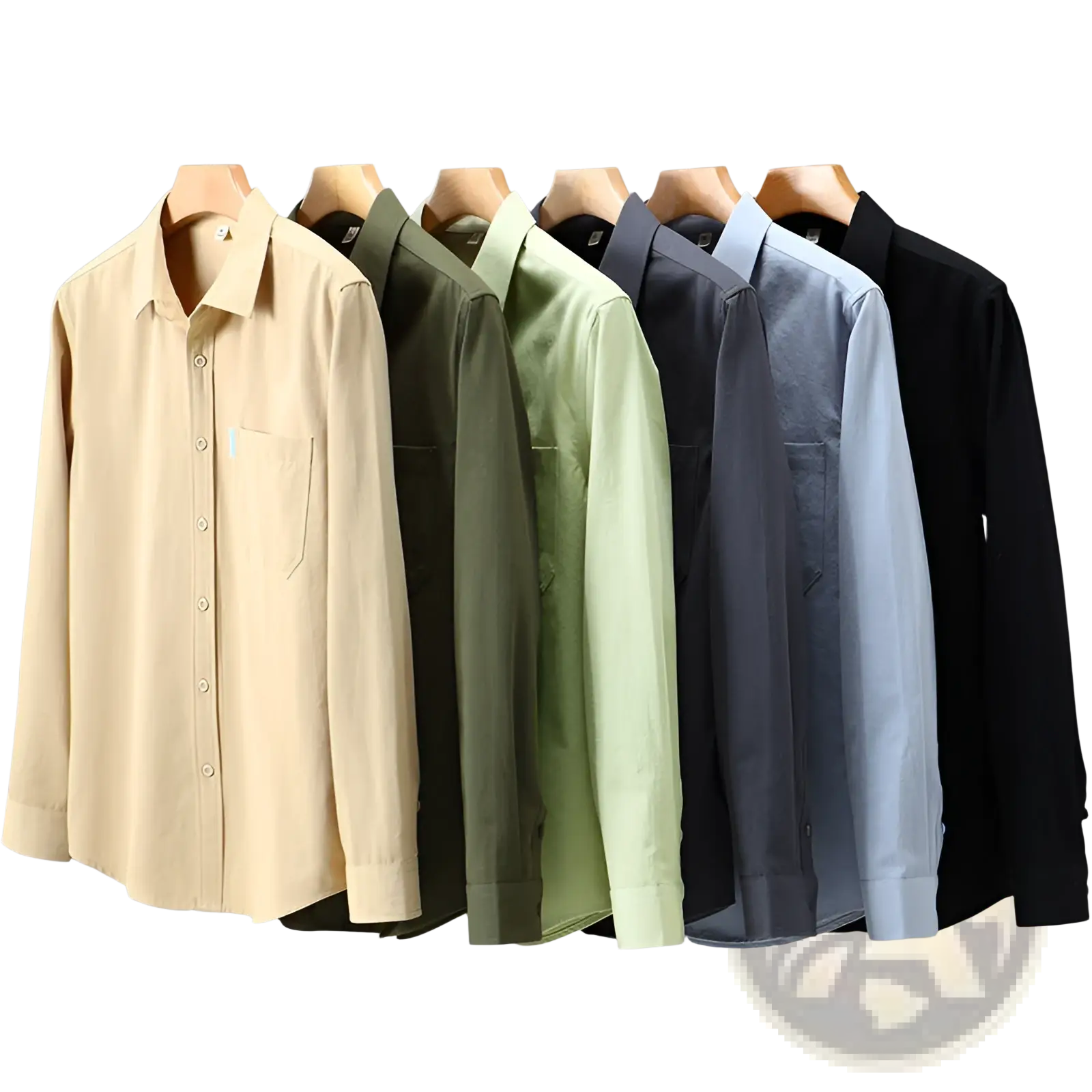 A collection of men cotton workwear long sleeve button-down shirts in beige olive green light green gray and black