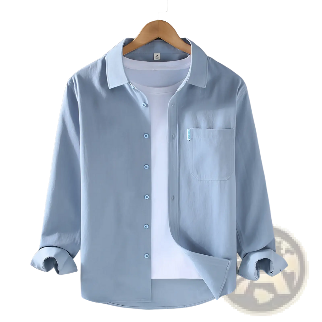 Light blue men cotton workwear shirt with long sleeves chest pocket and rolled cuffs for durable comfort