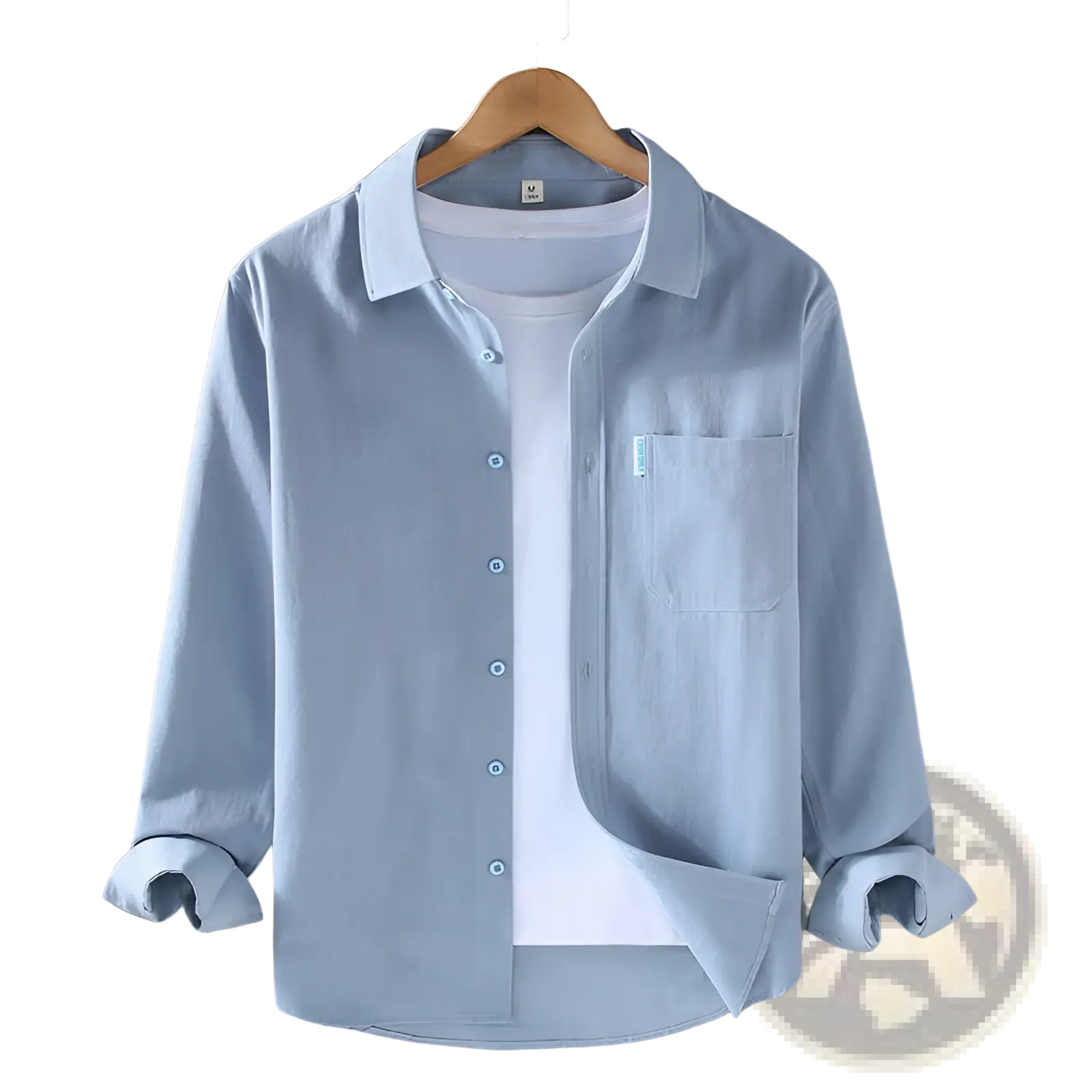 Light blue men cotton workwear shirt with long sleeves chest pocket and rolled cuffs for durable comfort
