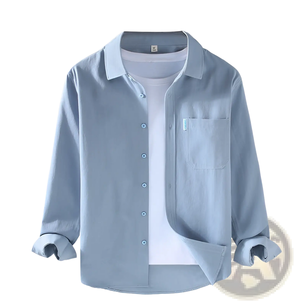 Light blue men cotton workwear shirt long sleeve with subtle texture and matching buttons