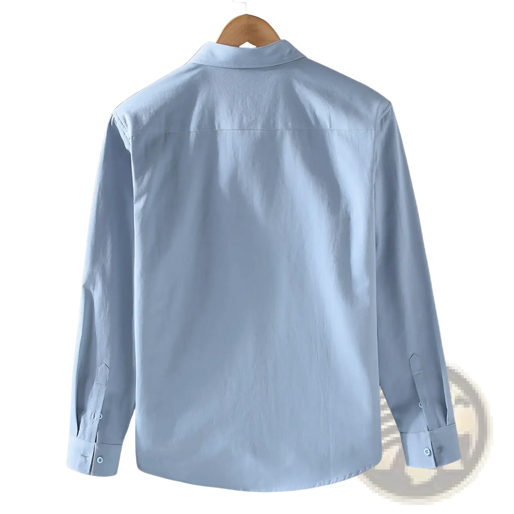Light blue long-sleeved men cotton workwear shirt hanging on a wooden hanger displayed front side