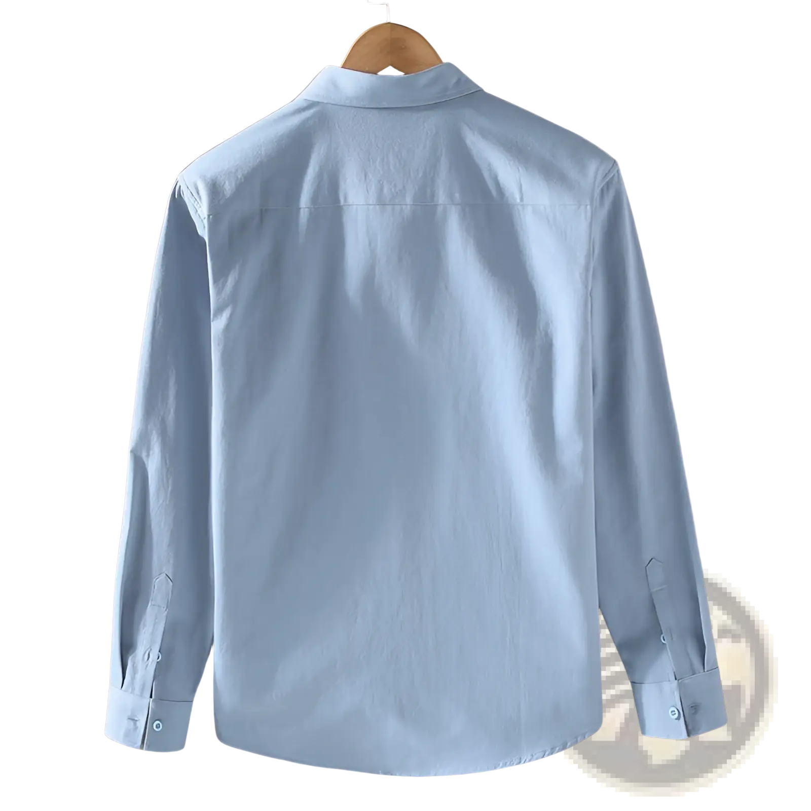 Light blue long-sleeved men cotton workwear shirt hanging on a wooden hanger displayed front side